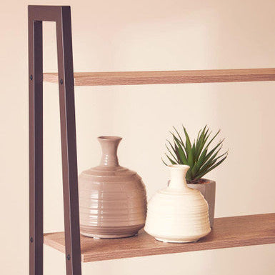 Wooden shelf with two vases and a plant against a plain wall