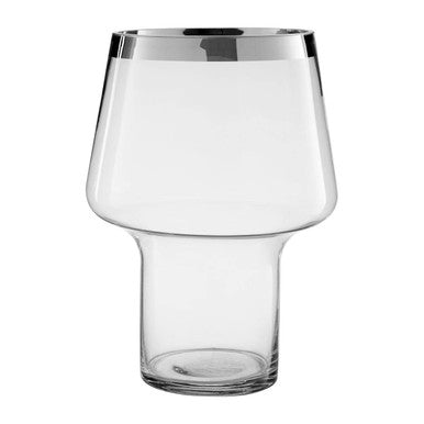 Clear glass vase with silver rim on a white background
