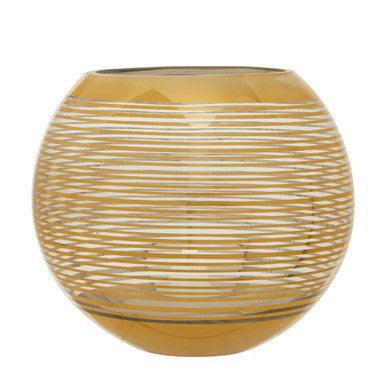 Round woven basket with gold and silver stripes on a white background