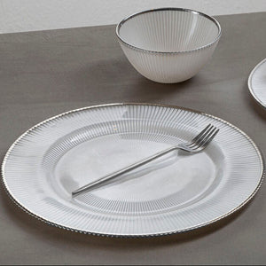 Ida White Embossed Glass Dinner Plate with Silver Rim