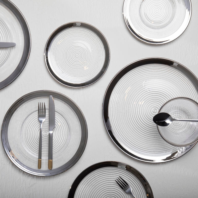 Ida Embossed Glass Coupe Dinner Plate with Silver Rim