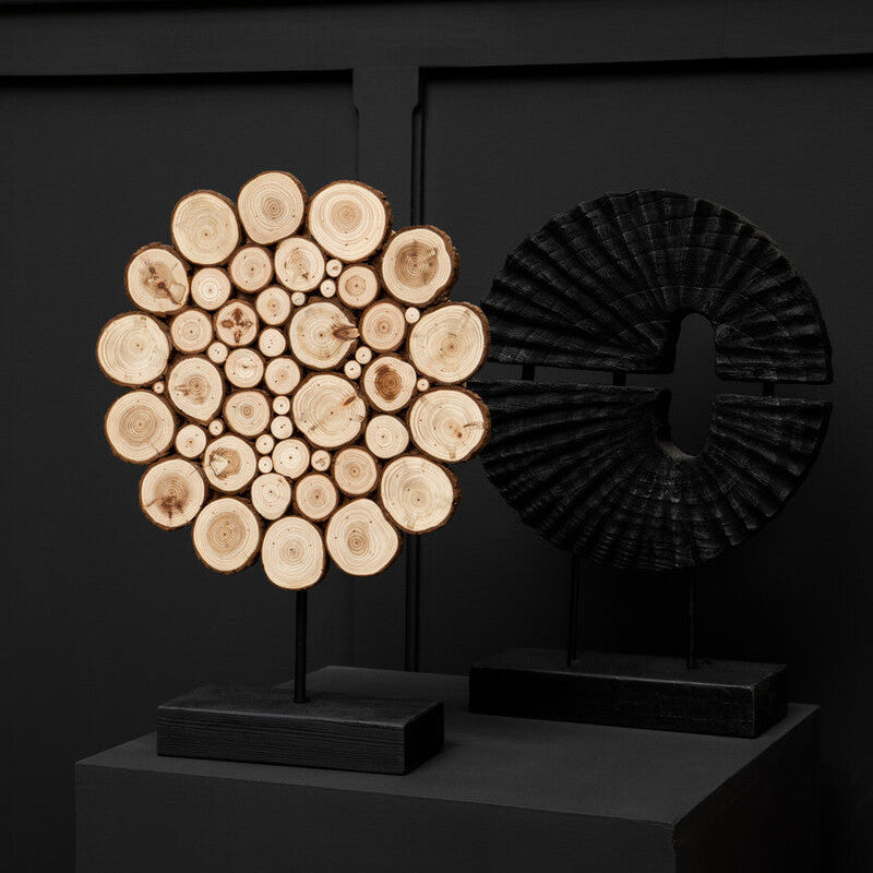 Decorative lamp made of wooden slices on a black background