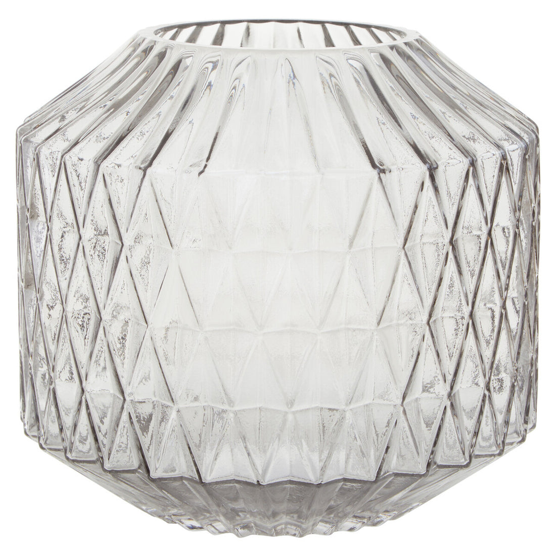 Geometric glass vase with diamond pattern on a white background