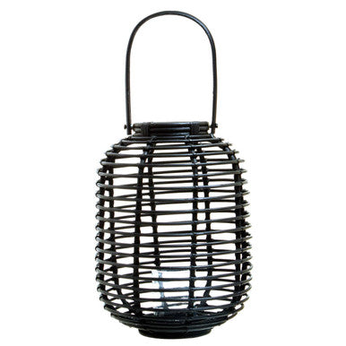 Black woven lantern with a handle on a white background