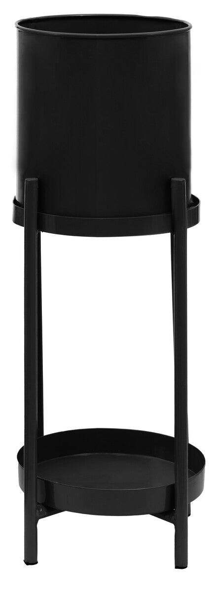Black metal plant stand on a white background