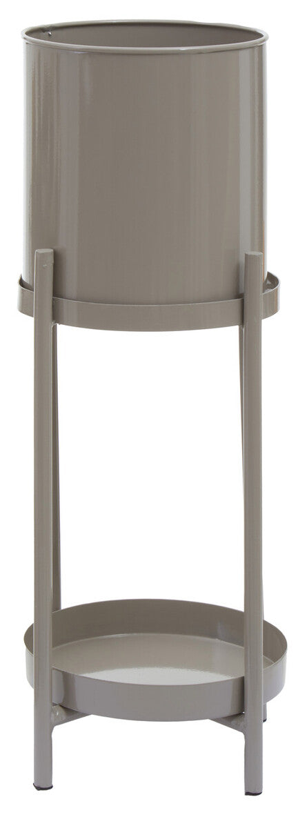 Gray metal freestanding plant stand on a white background