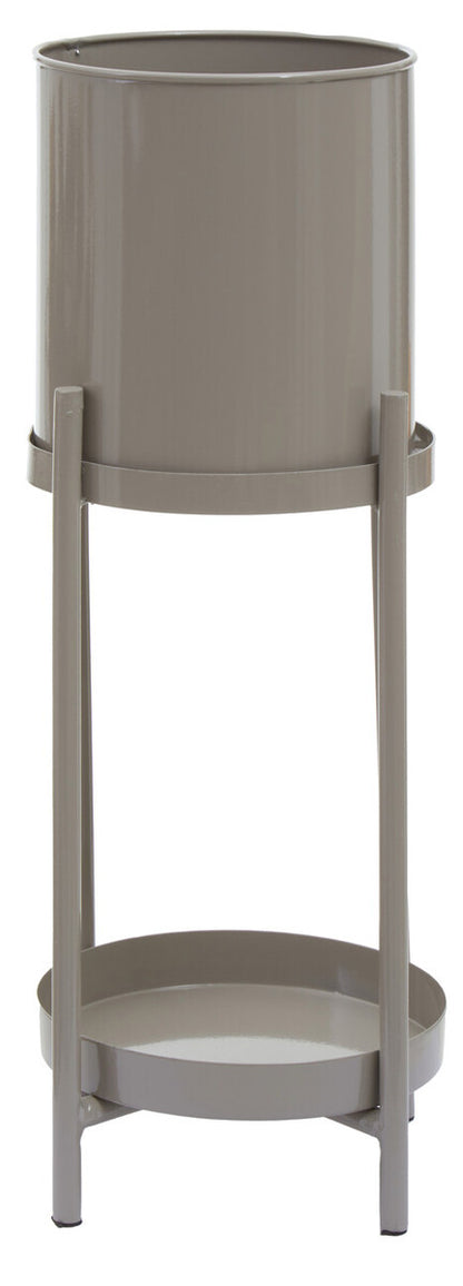 Gray metal freestanding plant stand on a white background