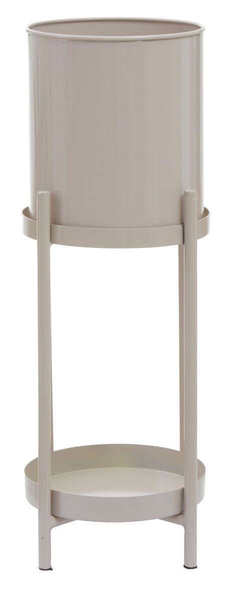 Beige freestanding plant stand with two shelves on a white background