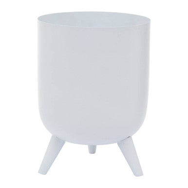 White cylindrical planter with three legs on a white background