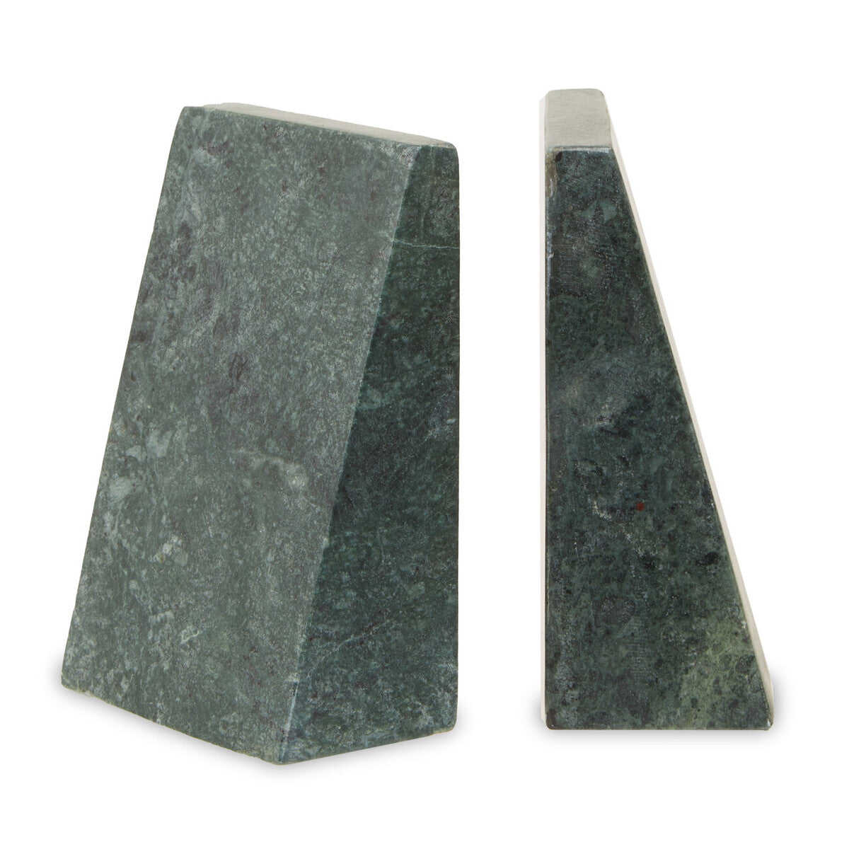Two green marble bookends on a white background