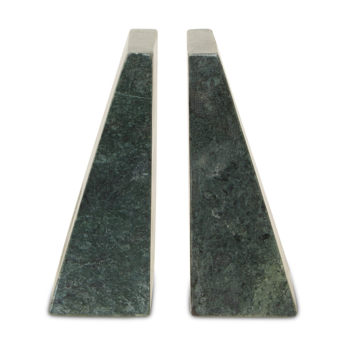 Two green marble slabs with silver bases on a white background