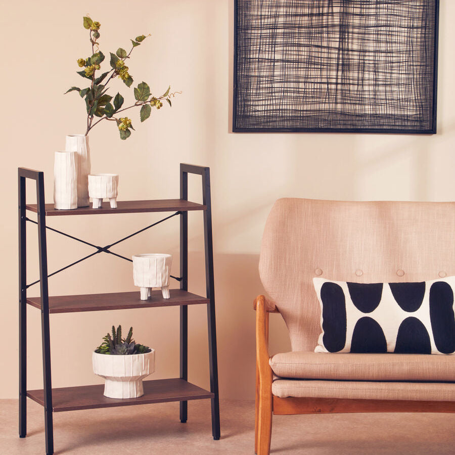 Living room with a shelf, plant, and sofa with a pillow.