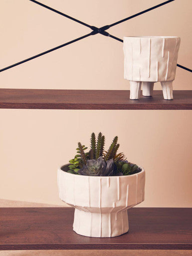 Decorative planters on wooden shelves with a neutral background