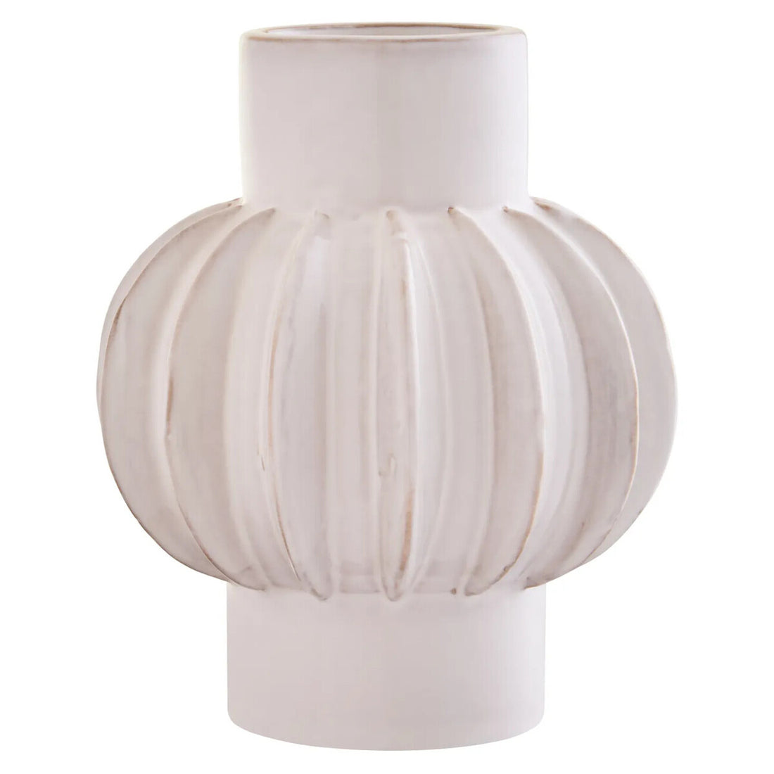 White ceramic vase with a unique, textured design on a white background