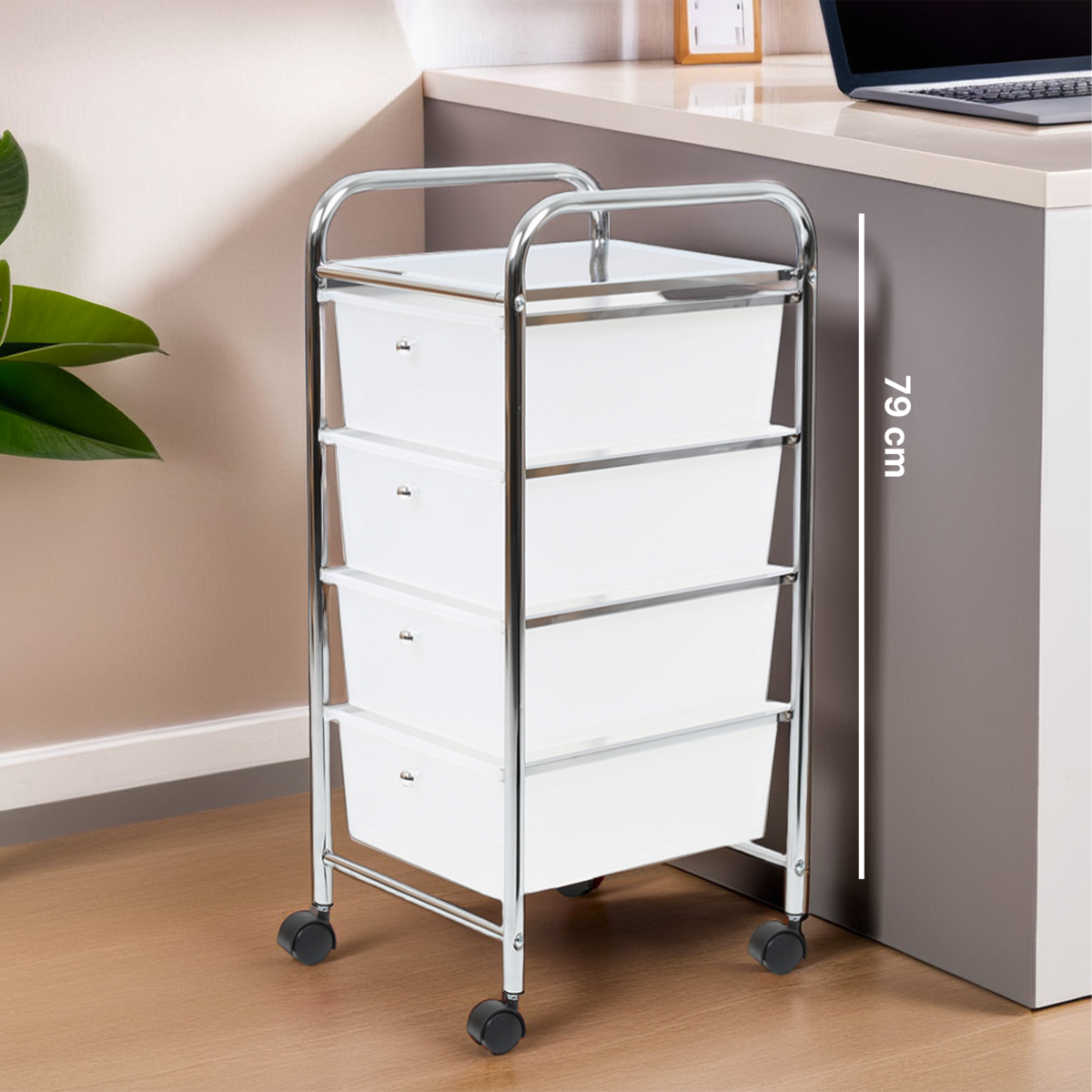 Tube Frame 4 White Plastic Drawers Trolley
