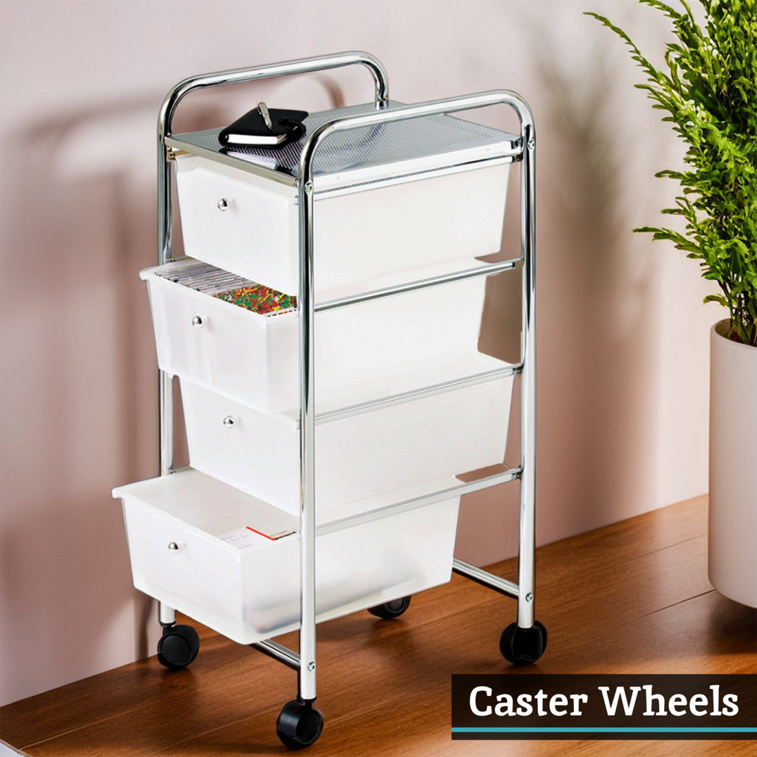 Tube Frame 4 White Plastic Drawers Trolley