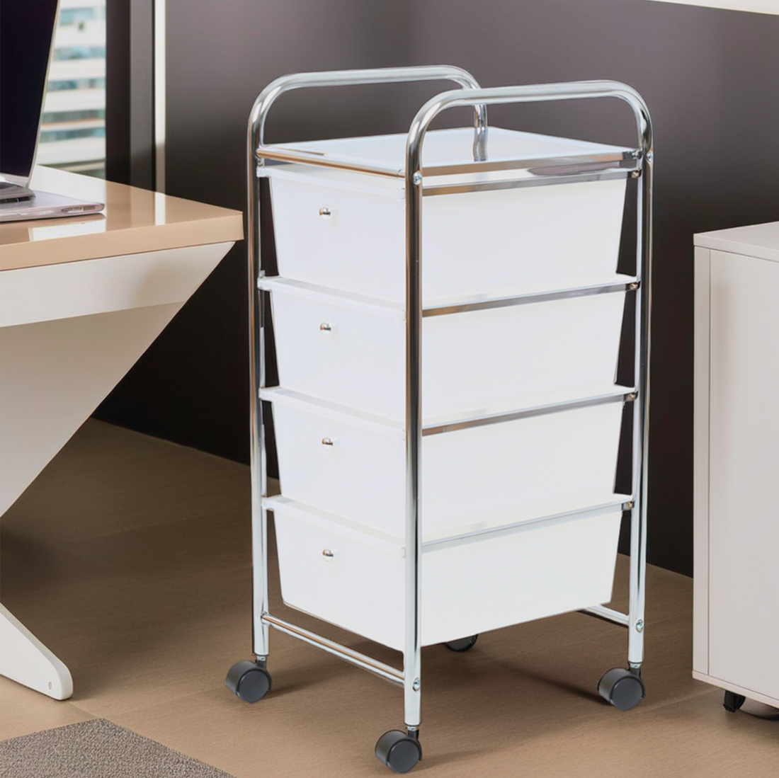 Metal trolley with white drawers in an office setting