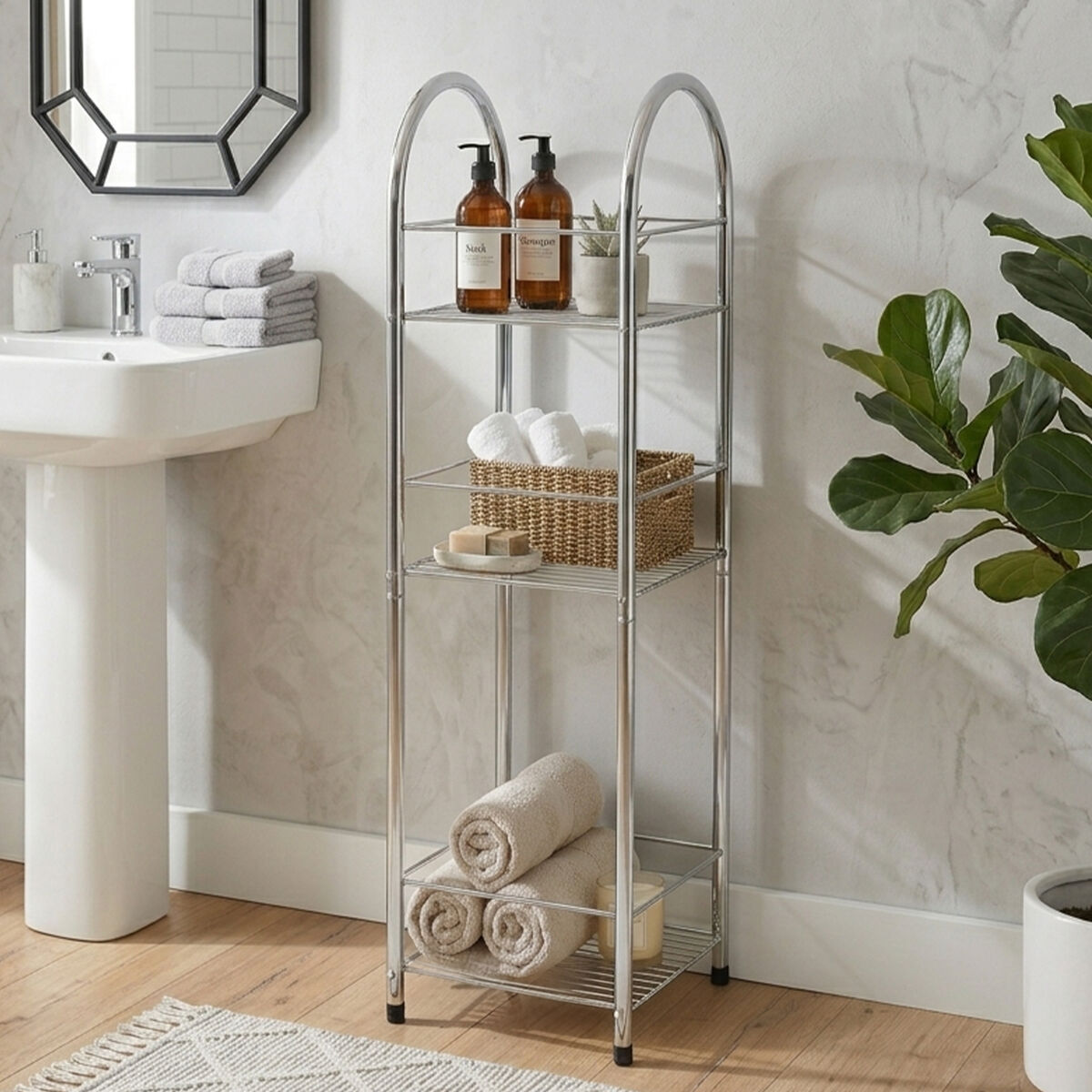 Bathroom with a metal shelving unit, sink, and decorative elements.