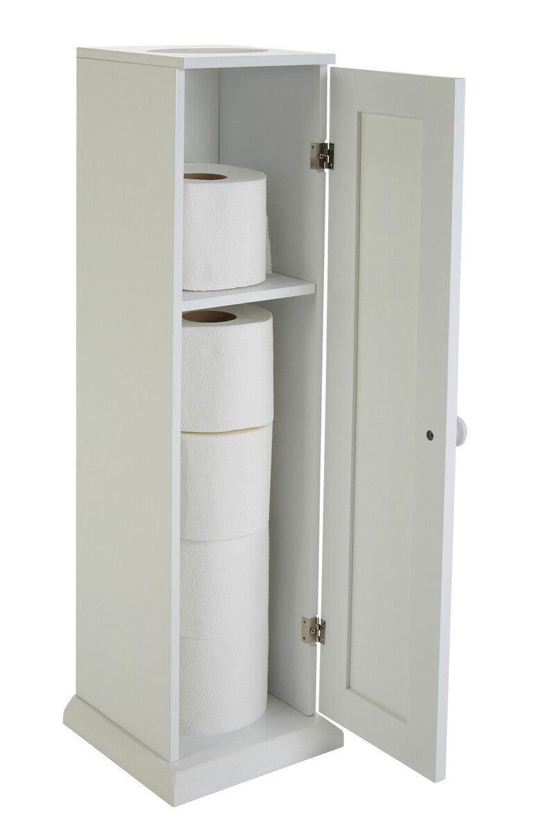 White cabinet with open door displaying rolls of toilet paper on a white background