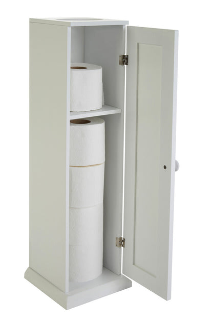 White cabinet with open door displaying rolls of toilet paper on a white background