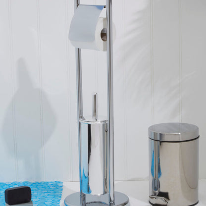 Chrome toilet paper holder and trash can on a white floor with a light blue rug.