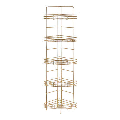 Gold metal corner shelf with multiple tiers on a white background