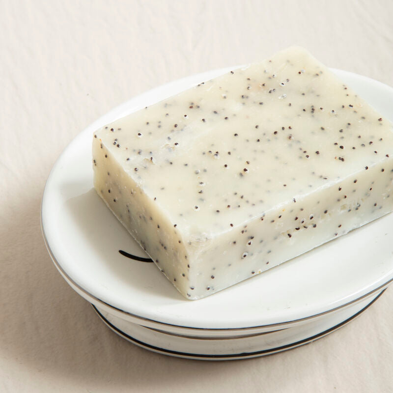 Bar of soap with specks on a white plate against a light background
