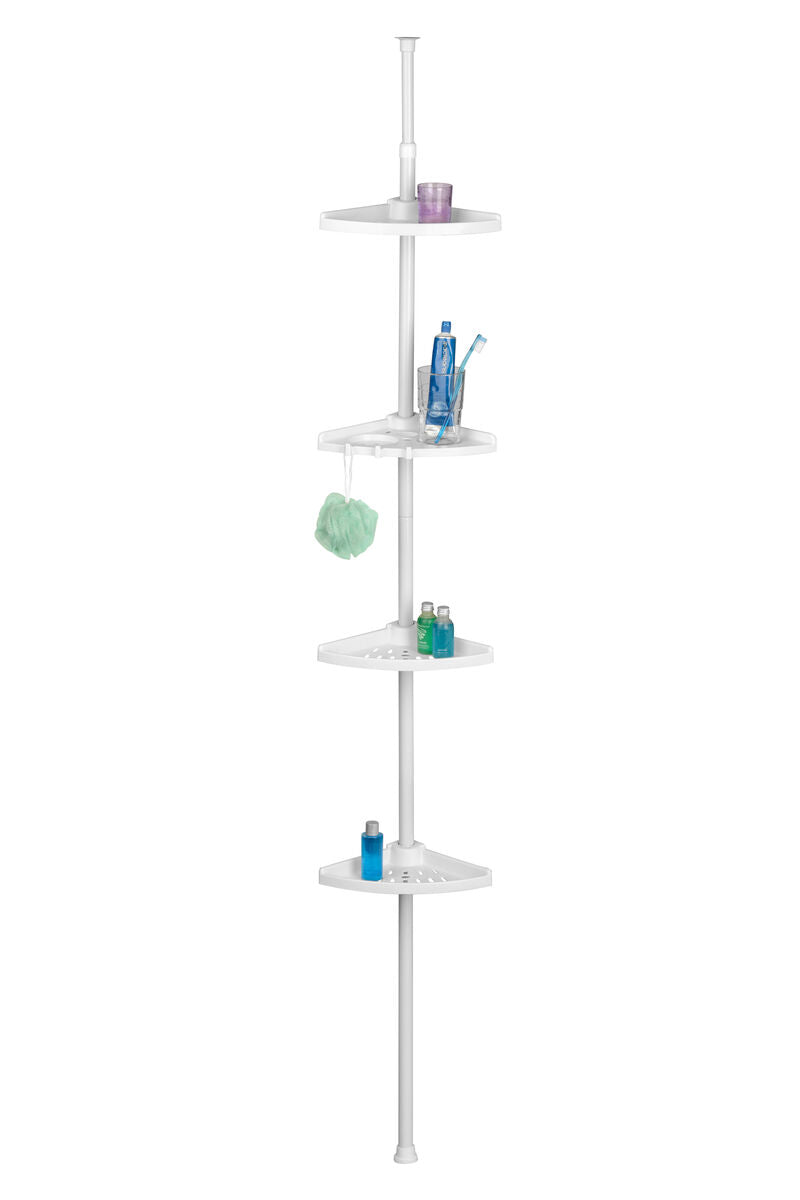 White corner shower caddy with various items on a white background