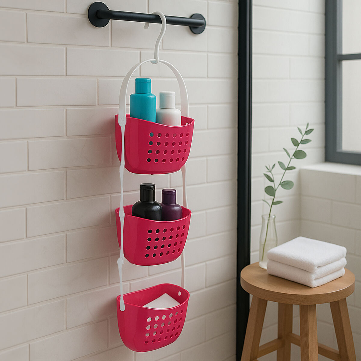 Pink three-tier hanging basket with bath products on a tiled bathroom wall.