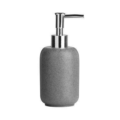 Gray textured soap dispenser with silver pump on a white background