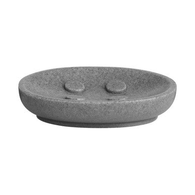 Gray stone soap dish with two holes on a white background