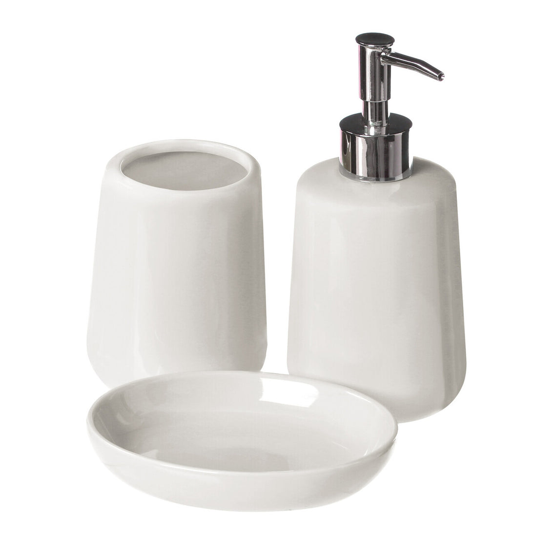White ceramic bathroom set with a dispenser, cup, and soap dish on a white background