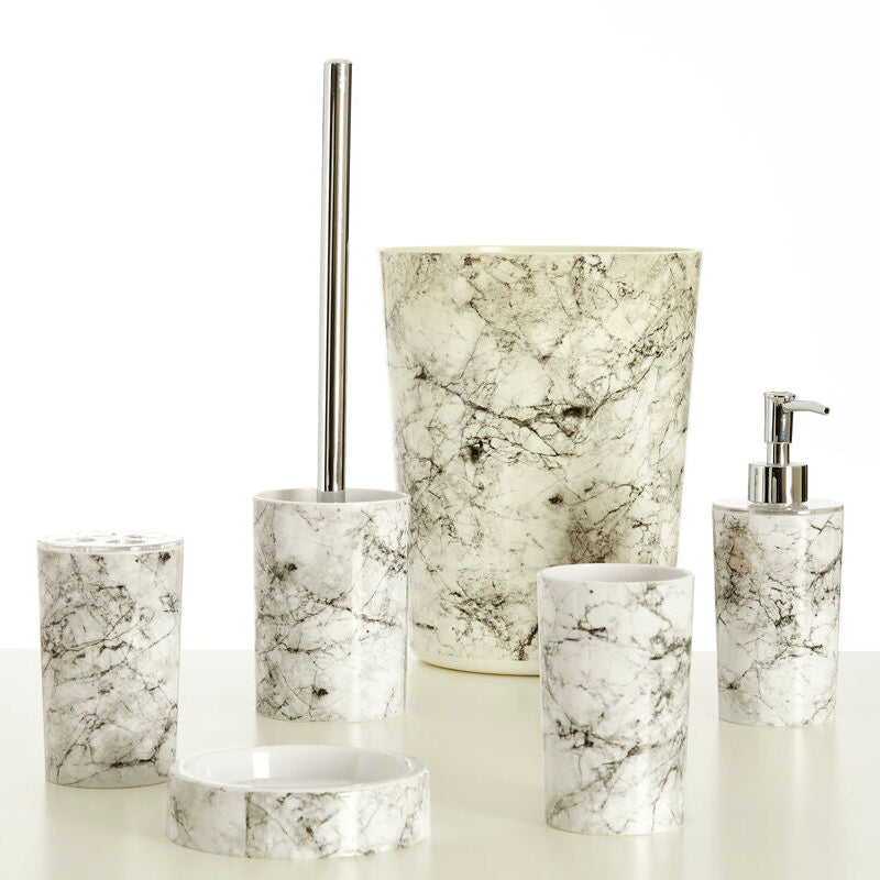 Marble-textured bathroom accessories including cups, a brush, and a dispenser on a white background.