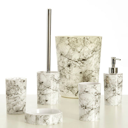 Marble-textured bathroom accessories including cups, a brush, and a dispenser on a white background.