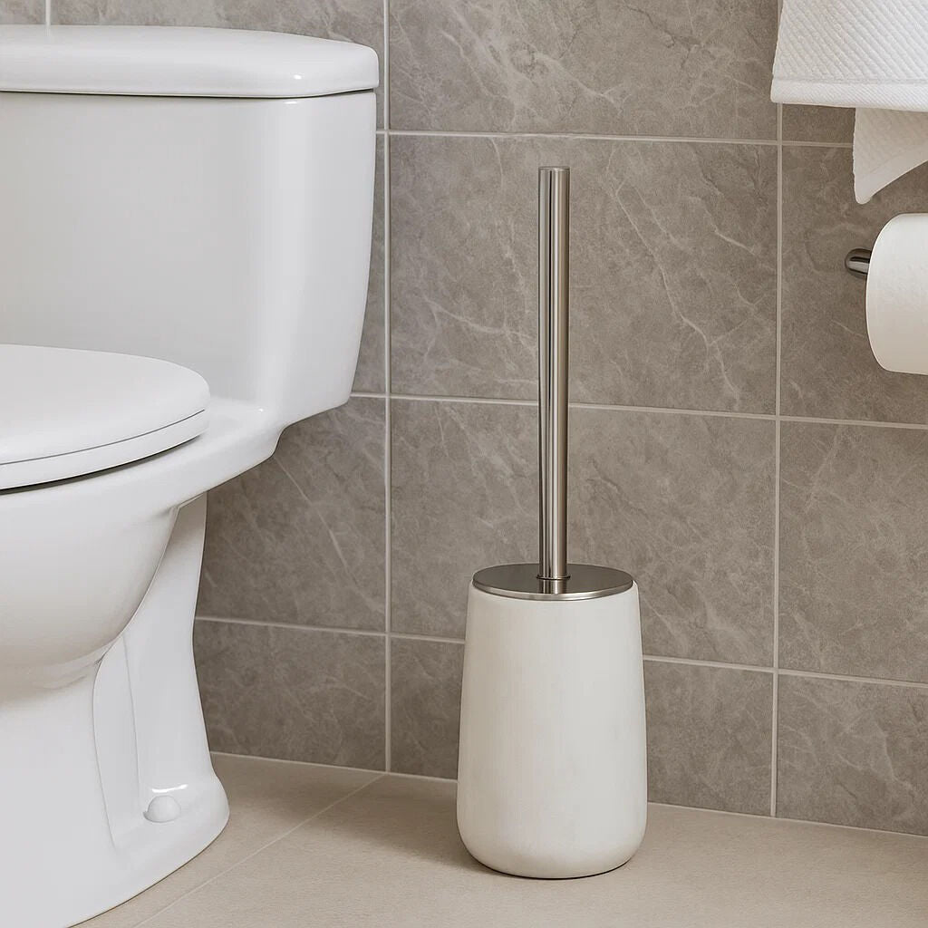 White toilet brush with silver handle against a tiled bathroom wall.
