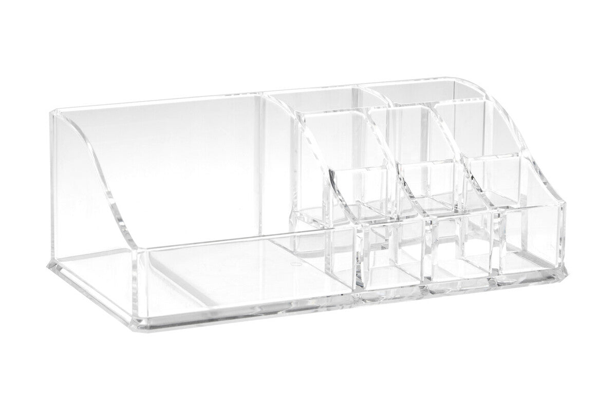 Clear acrylic desk organizer with multiple compartments on a white background