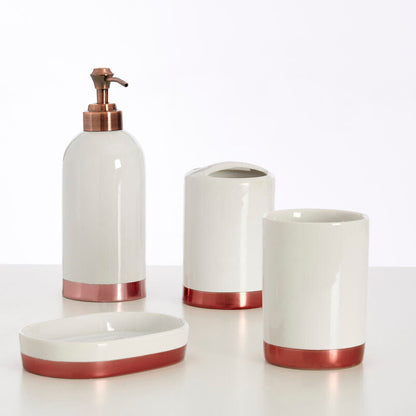Set of white bathroom accessories with copper accents on a white background