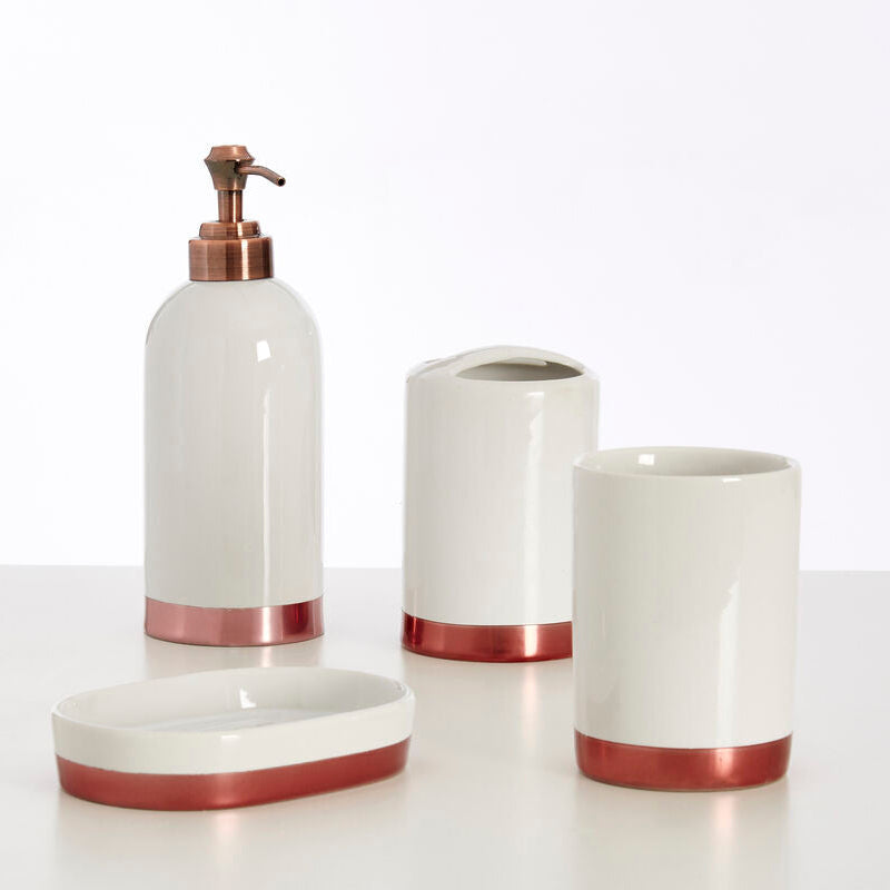 Set of white bathroom accessories with copper accents on a white background