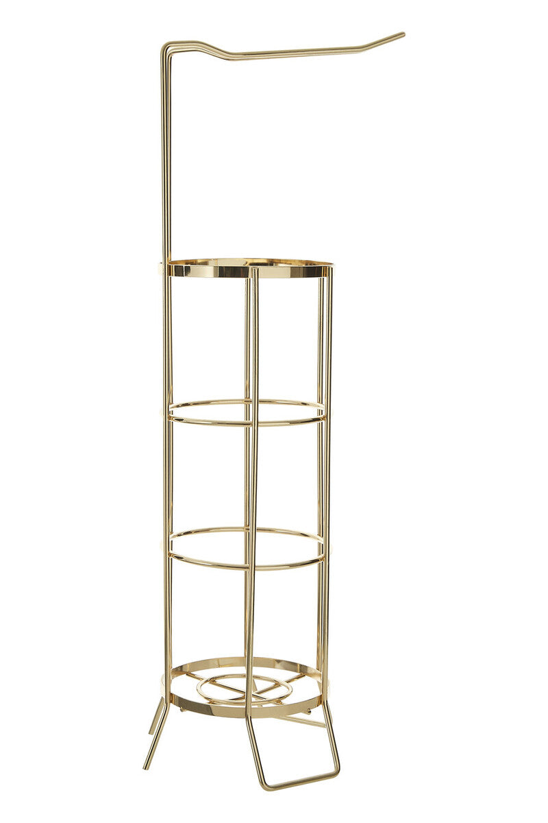 Gold metal standing corner shelf with multiple shelves on a white background