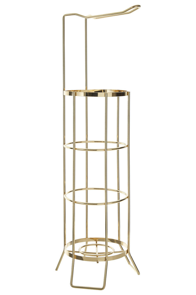 Gold metal standing shelf with three tiers on a white background