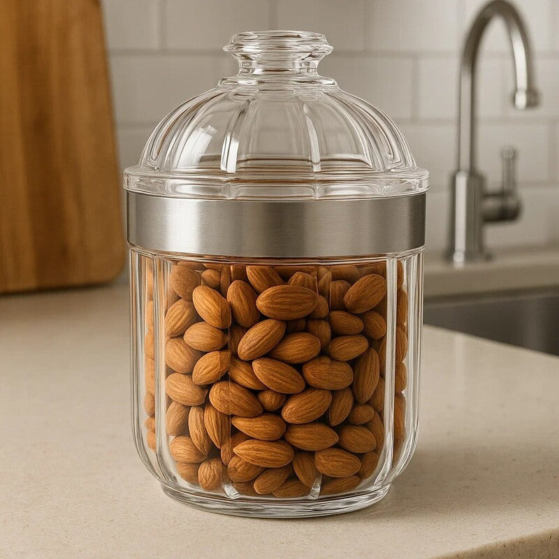 Glass jar with almonds on a kitchen counter