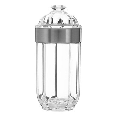 Clear glass container with silver rim on a white background