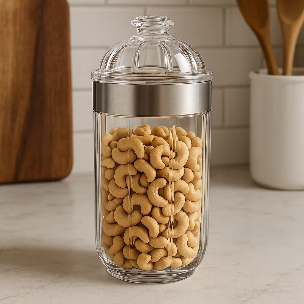 Glass jar with lid filled with cashews on a kitchen counter