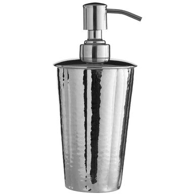 Metallic soap dispenser with pump on a white background