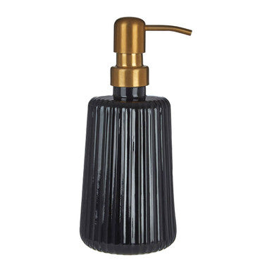 Black ribbed soap dispenser with gold pump on a white background