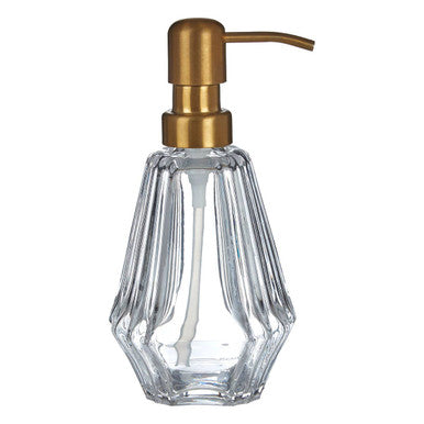 Clear glass soap dispenser with gold pump on a white background