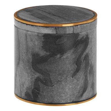 Round side table with gray marble-like finish and gold rim on a white background