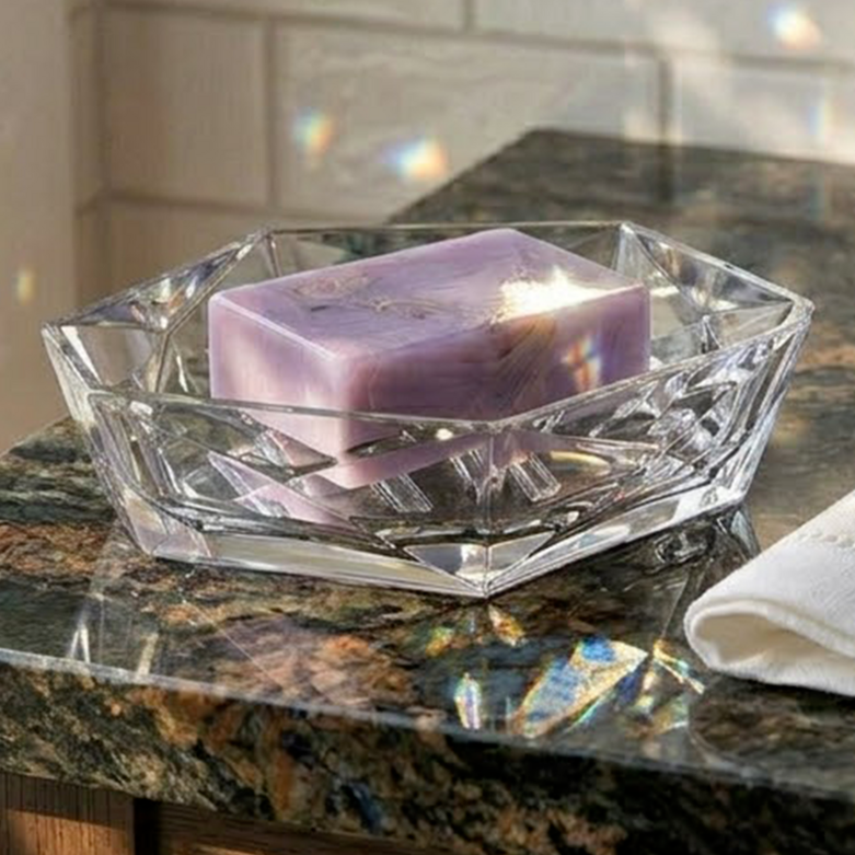 Clear glass bowl with a purple candle on a marble countertop, with &
