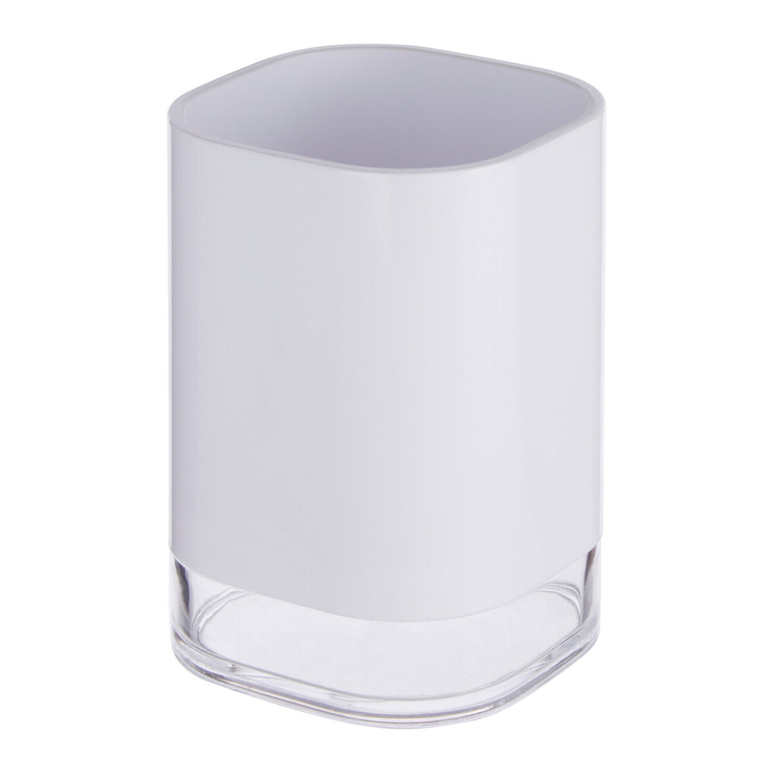 Clear glass tumbler with white rubber rim on a white background