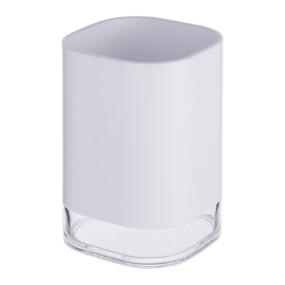 Clear glass tumbler with white rubber rim on a white background